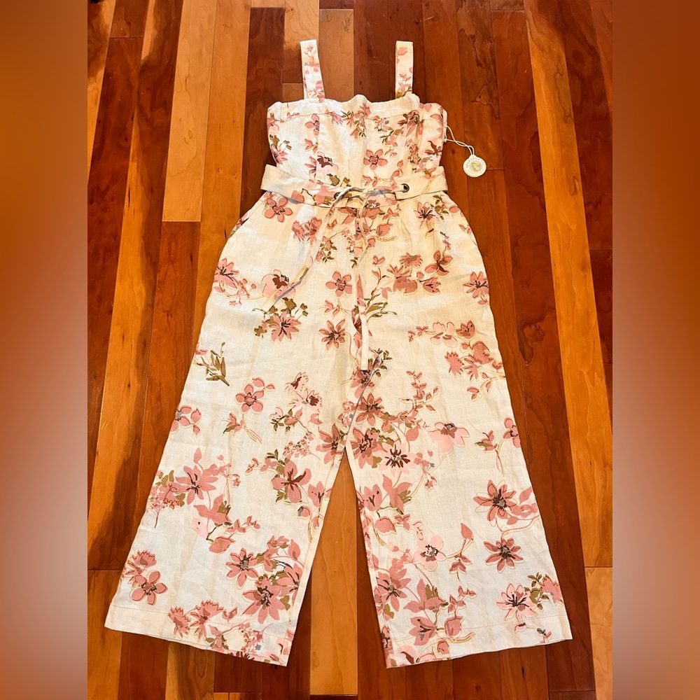 NWT Spartina 449 Pink Cream Floral Jumpsuit 100% Linen Wide Leg Pockets Zip Back